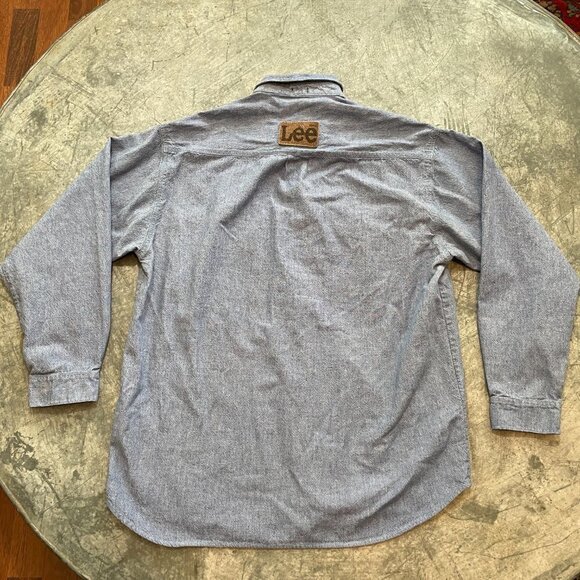 Vintage Lee Leather Patch Denim Button Up Shirt Large - Picture 7 of 10